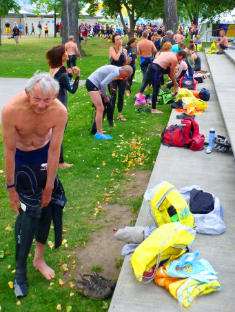 Ken pulls on wetsuit in readiness for the ATLS, 2014